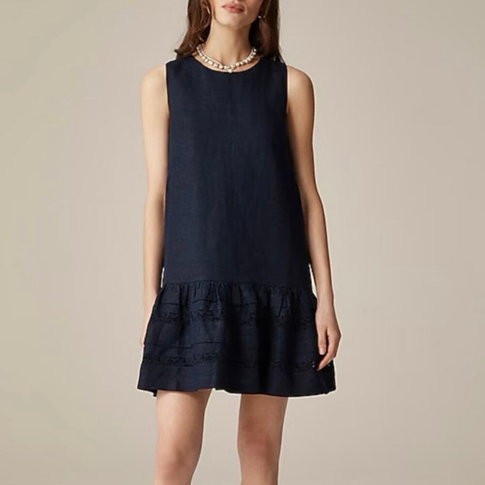 J.Crew Maxine Ruffle Trim Navy Blue Linen Mini Dress Size Large Petite NWT